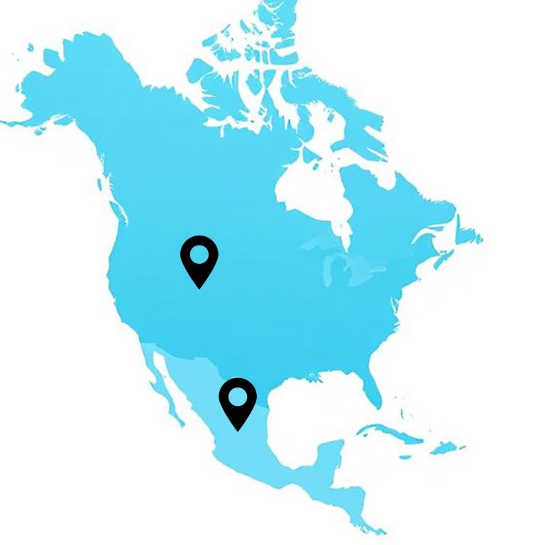 Map of North America with two marked locations in the U.S. and Mexico where GO Local-n-Beyond provides services.