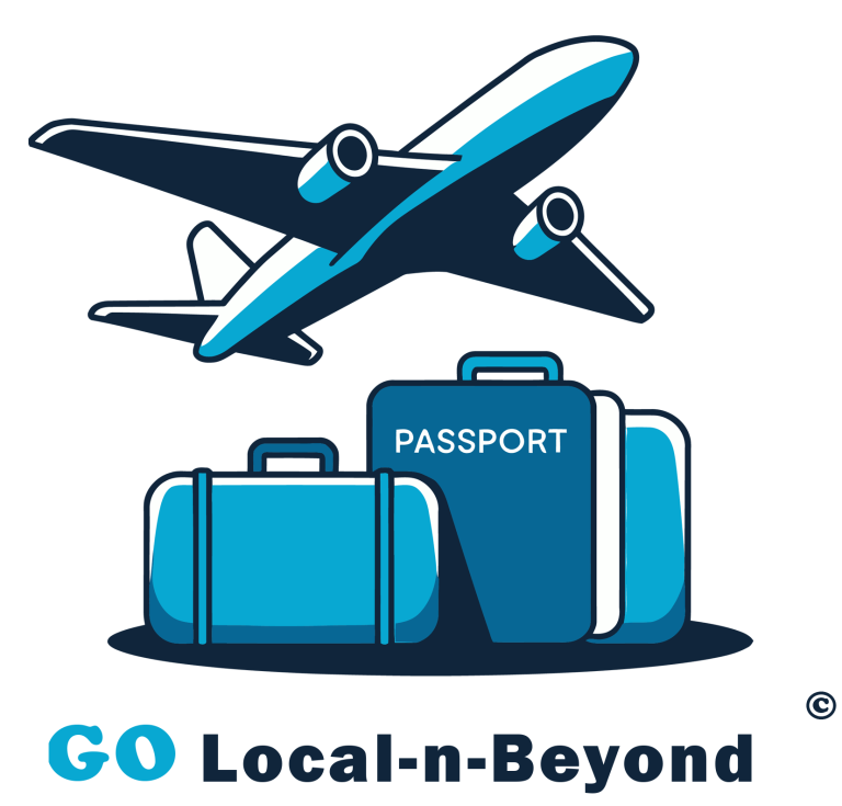 An airplane flying above stacked luggage with a passport, promoting GO Local-n-Beyond Travel Services.