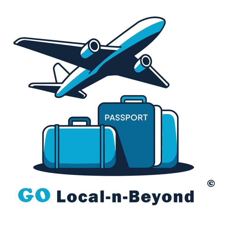 Logo featuring an airplane, suitcase, and passport with "GO Local-n-Beyond" text.